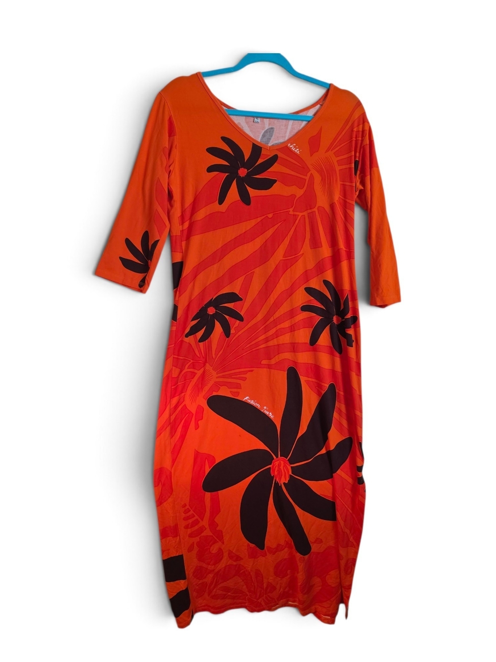 TropicalVibrant Orange Floral Maxi Stretchy Dress.